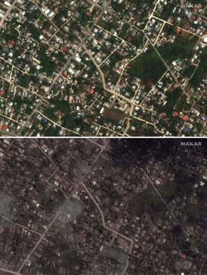 This combination of satellite images shows a residential area of Tonga on December 19 2021 and the same area on January 18 2022 covered in ash after the eruption of the Hunga-Tonga - Hunga-Haa’pai volcano