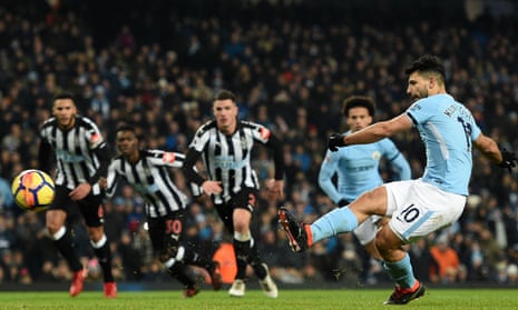 Sergio Agüero converts a penalty on his way to a hat-trick for Manchester City against Newcastle.