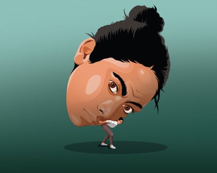 Illustration of a woman struggling to carrying a massive version of her own head on her back (bent over)