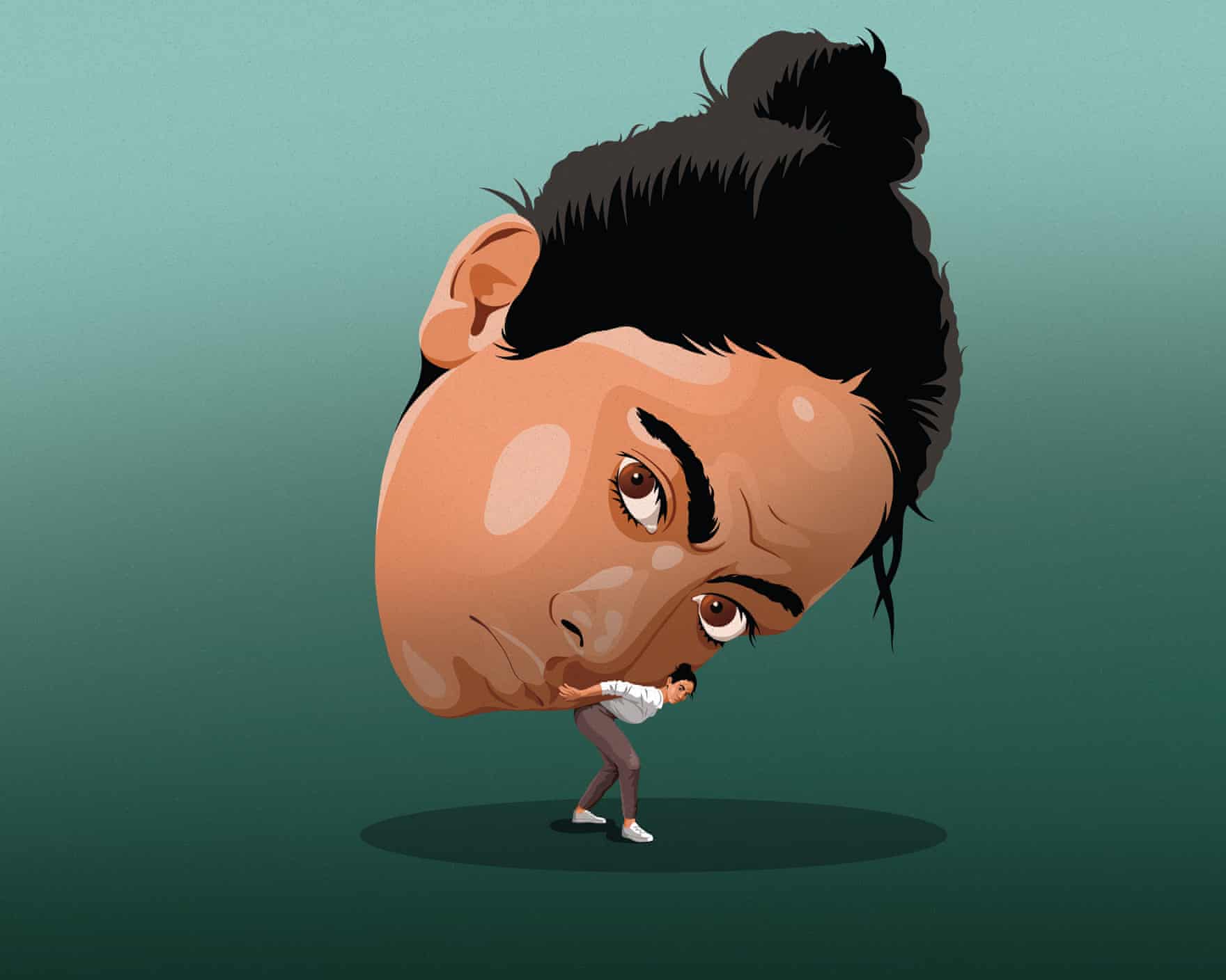 Illustration of a woman struggling to carrying a massive version of her own head on her back (bent over)