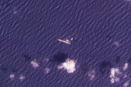 This satellite photo from Planet Labs PBC shows the USNS Roy P. Benavidez in the Mediterranean Sea off shore from the Gaza Strip