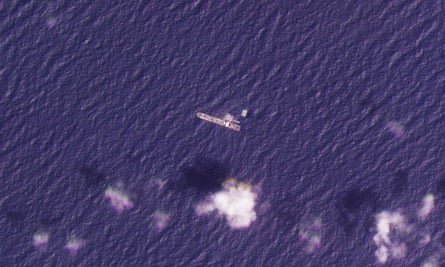 This satellite photo from Planet Labs PBC shows the USNS Roy P. Benavidez in the Mediterranean Sea off shore from the Gaza Strip 