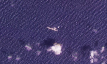This satellite photo from Planet Labs PBC shows the USNS Roy P Benavidez in the Mediterranean Sea off shore from the Gaza Strip.