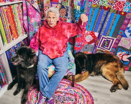 Playwright and actor Harvey Fierstein poses for a portrait with his dogs BoBo and Charlie against one of the quilts he made at Cotton Candy Fabrics in CT, March 2026. Kinky Boots, which Fierstein wrote, just returned to London’s West End.