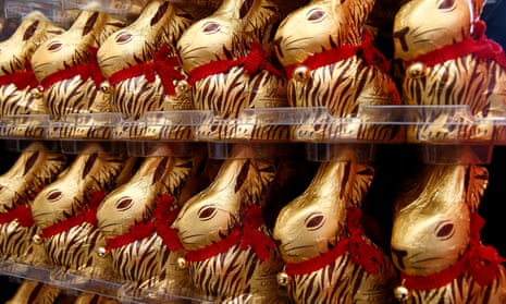 Gold-wrapped Easter chocolate bunnies are displayed during the annual news conference of Swiss chocolatier Lindt & Spruengli in Kilchberg.