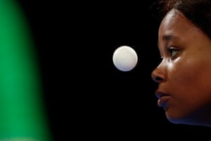 Zodwa Maphangain of South Africa keeps her eye on the ball during her table tennis singles match against Wales’ Chloe Anna Thomas.