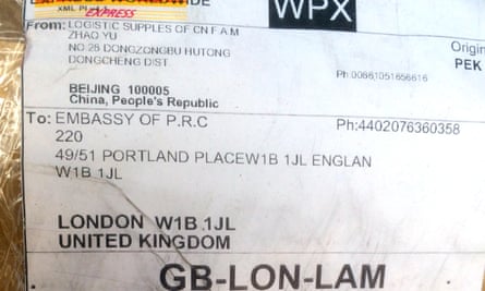 Label with Chinese embassy address.