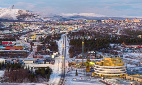 Kiruna’s new City Hall, lower right, by Henning Larsen architects, sits about 3km from the world’s biggest iron mine, top left.