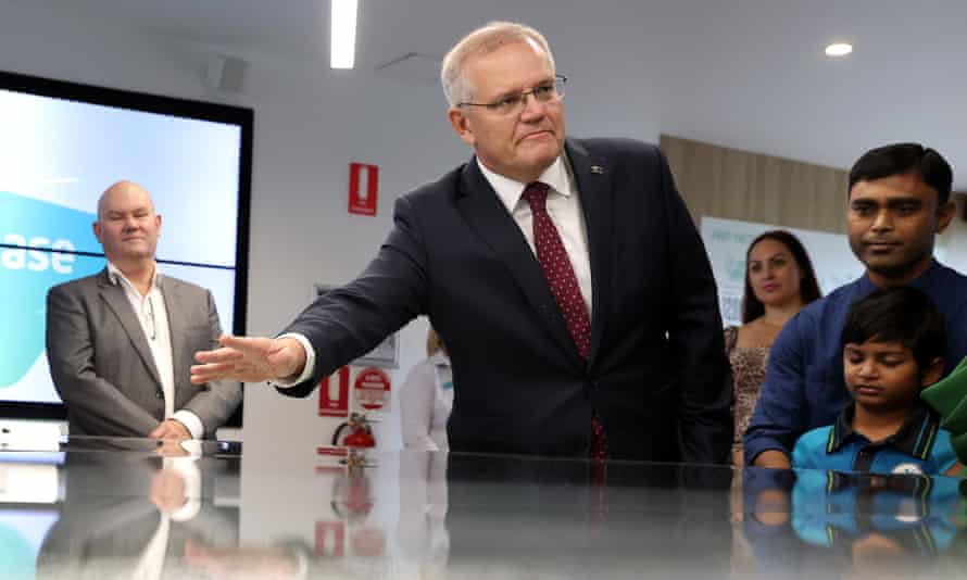 Scott Morrison visits the Springfield Rise Sales &amp; Information Centre in the Blair electorate in Brisbane on Monday.