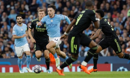 Jack Grealish glides away with the ball during Manchester City’s Champions League semi-final win at home to Real Madrid.