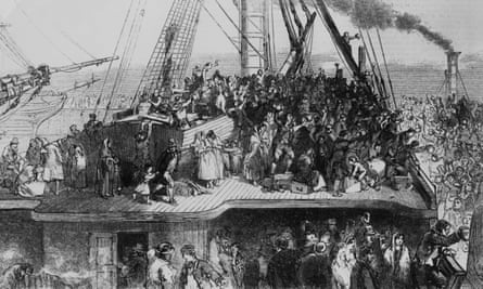 Irish emigrants sail to the US during the Great Famine, 1850.