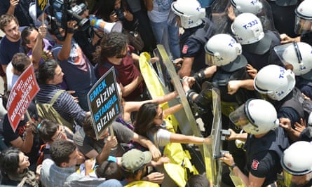 Protestors confront police during a demonstration in Istanbul against the controversial demolition of the city’s historic Emek Cinema in 2013.