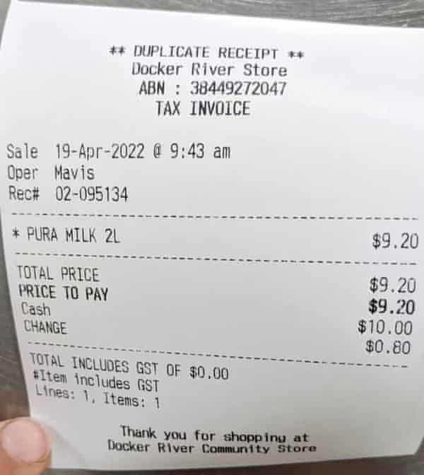 Receipt showing the price of milk in Kaltukatjara Docker River community in the NT.