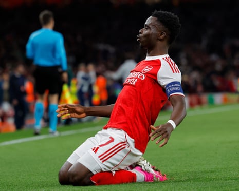 Bukayo Saka of Arsenal celebrates after opening the scoring.
