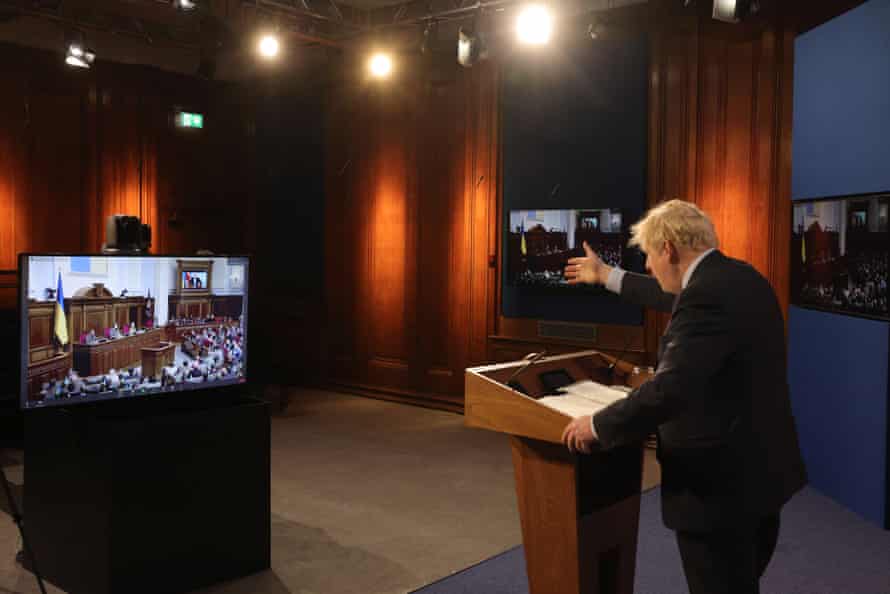 Boris Johnson delivering his virtual address to the Ukrainian parliament.