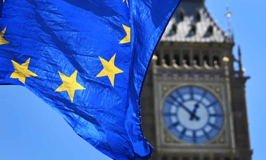 An EU flag flies outside the UK parliament in London.