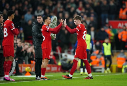 Trent Alexander-Arnold replaces Conor Bradley during the rout of Chelsea.