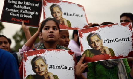 Mourners at a vigil for the journalist Gauri Lankesh after her murder in 2017.