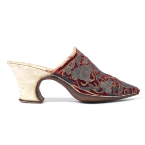 The oldest shoe in the museum’s collection: a red velvet mule with gold and silver embroidery, circa 1690