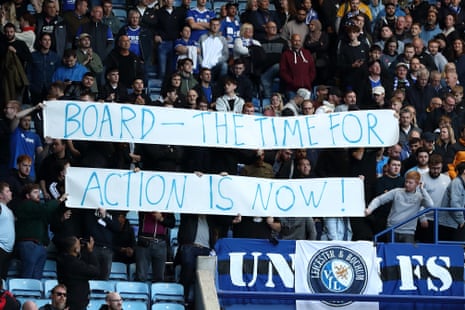 Leicester City fans hold up a banner which says “Board the time for action is now” in relation to getting rid of manager Brendan Rodgers during the Premier League match between Leicester City and Crystal Palace.