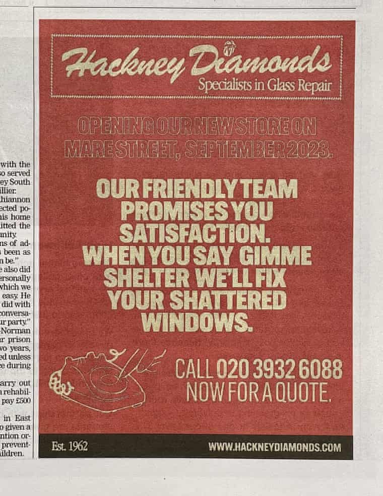 The advert in the Hackney Gazette. Photograph: The Rolling Stones/Hackney Gazette