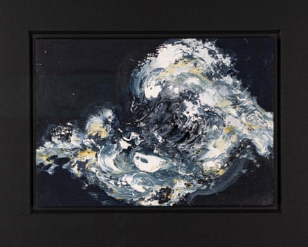 Painting of a white, foaming wave on a black background