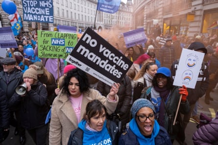 A central London protest against the UK government’s plans for mandatory Covid vaccinations for all frontline NHS workers, January 2022
