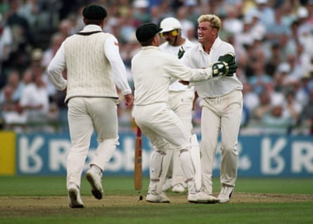 Shane Warne celebrates taking the wicket of Mike Gatting in 1993