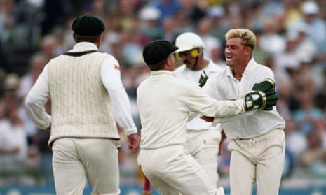 Shane Warne celebrates taking the wicket of Mike Gatting with his first ball of the innings at Old Trafford