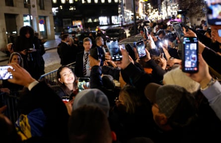 María Corina Machado greets supporters gathered outside the Grand Hotel in Oslo on Thursday.