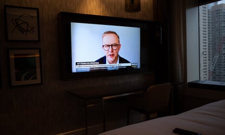 Labor leader Anthony Albanese conducts an interview via video link from his Sydney home after testing positive for Covid.