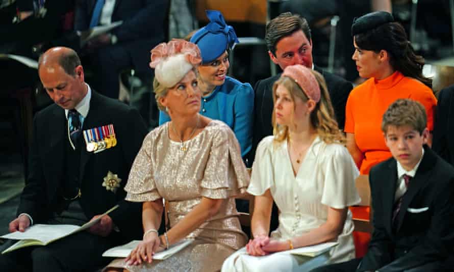 The Earl and Countess of Wessex, Lady Louise Windsor and James, Viscount Severn, and (back left to right) Princess Beatrice, Edoardo Mapelli Mozzi and Princess Eugenie during the National Service of Thanksgiving at St Paul’s Cathedral, London, on day two of the Platinum Jubilee celebrations for Queen Elizabeth II. Picture date: Friday June 3, 2022. PA Photo. The National Service marks The Queen’s 70 years of service to the people of the United Kingdom, the Realms and the Commonwealth. Public service is at the heart of the event and over 400 recipients of Honours in the New Year or Birthday Honours lists have been invited in recognition of their contribution to public life. Drawn from all four nations of the United Kingdom, they include NHS and key workers, teaching staff, public servants, and representatives from the Armed Forces, charities, social enterprises and voluntary groups. See PA story ROYAL Jubilee. Photo credit should read: Victoria Jones/PA Wire