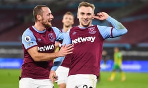 Jarrod Bowen of West Ham celebrates after opening the scoring.