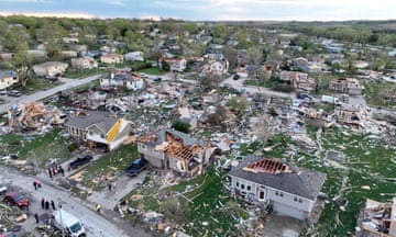 Aftermath of tornado in Omaha<br>A drone view shows emergency personnel working at the site of damaged buildings in the aftermath of a tornado in Omaha, Nebraska, U.S. April 26, 2024, in this still image obtained from a social media video. Alex freed/via REUTERS THIS IMAGE HAS BEEN SUPPLIED BY A THIRD PARTY. MANDATORY CREDIT. NO RESALES. NO ARCHIVES.