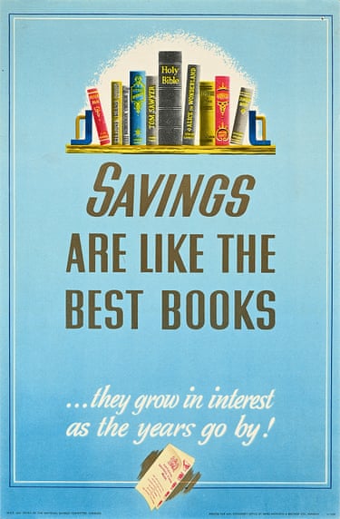 A blue poster with a stack of books and dark text