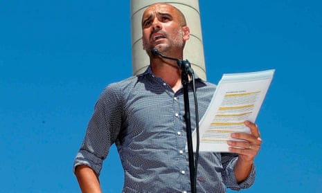 Pep Guardiola, picture at a rally in support of the Catalan independence referendum, admitted his trophy-free season at Manchester City would have got him sacked elsewhere. 