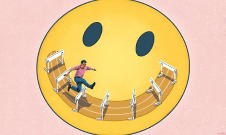 Illustration of a smiley face emoji with a figure hurdling on a running track in place of a mouth