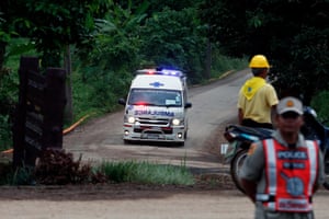 A Royal Thai police ambulance carried on of the last trapped boys to the hospital after he was rescued from the Tham Luang cave