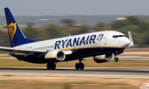 A Ryanair Boeing 737 airplane takes off from the airport in Palma de Mallorca.