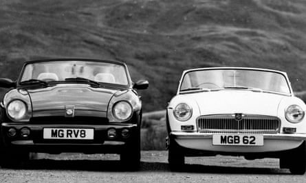 The Rover MG RV8 standing next to a 1962 MGB.