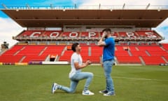 Adelaide United footballer Josh Cavallo proposes to his partner Leighton Morrell at Coopers Stadium in Adelaide.