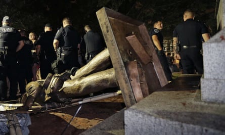 The Confederate statue known as Silent Sam was toppled by protesters at the University of North Carolina.