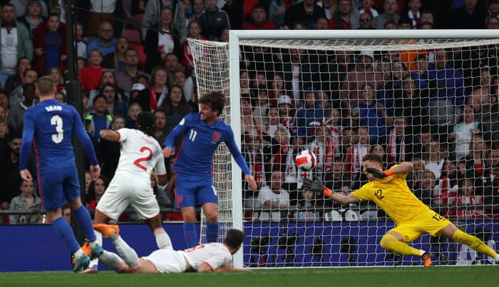 Luke Shaw of England scores his team’s first goal.