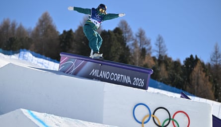 Ally Hickman in action during the women’s slopestyle qualification at snowboard in Milano-Cortina, Italy