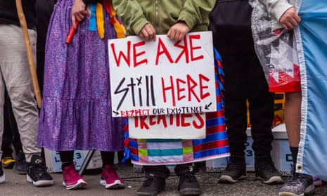 Indigenous youth demonstrate against oil pipelines in Washington DC in April 2021.