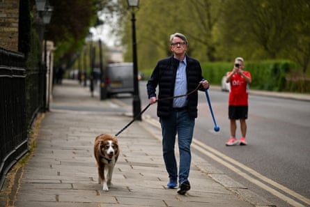 Peter Mandelson walks his dog along the pavement while someone else takes his photo using their smartphone on the street behind him