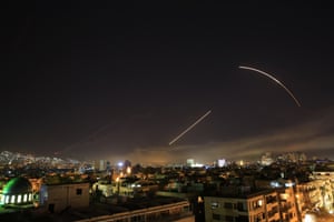 Missiles streak across the Damascus skyline as the US, alongside UK and French forces, launched air strikes aimed at reducing the Syrian regimeâs chemical weapons facilities.
