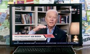 A screen grab of Joe Biden as he holds a virtual town hall with coronavirus pandemic frontline workers from his home in Wilmington, Delaware, this week.