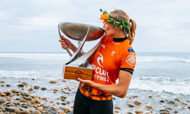 Stephanie Gilmore kisses the trophy after winning her eighth World Surf Title in San Clemente, California.