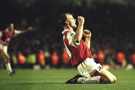 Dennis Bergkamp celebrates after scoring against Tottenham Hotspur at Highbury in1996.